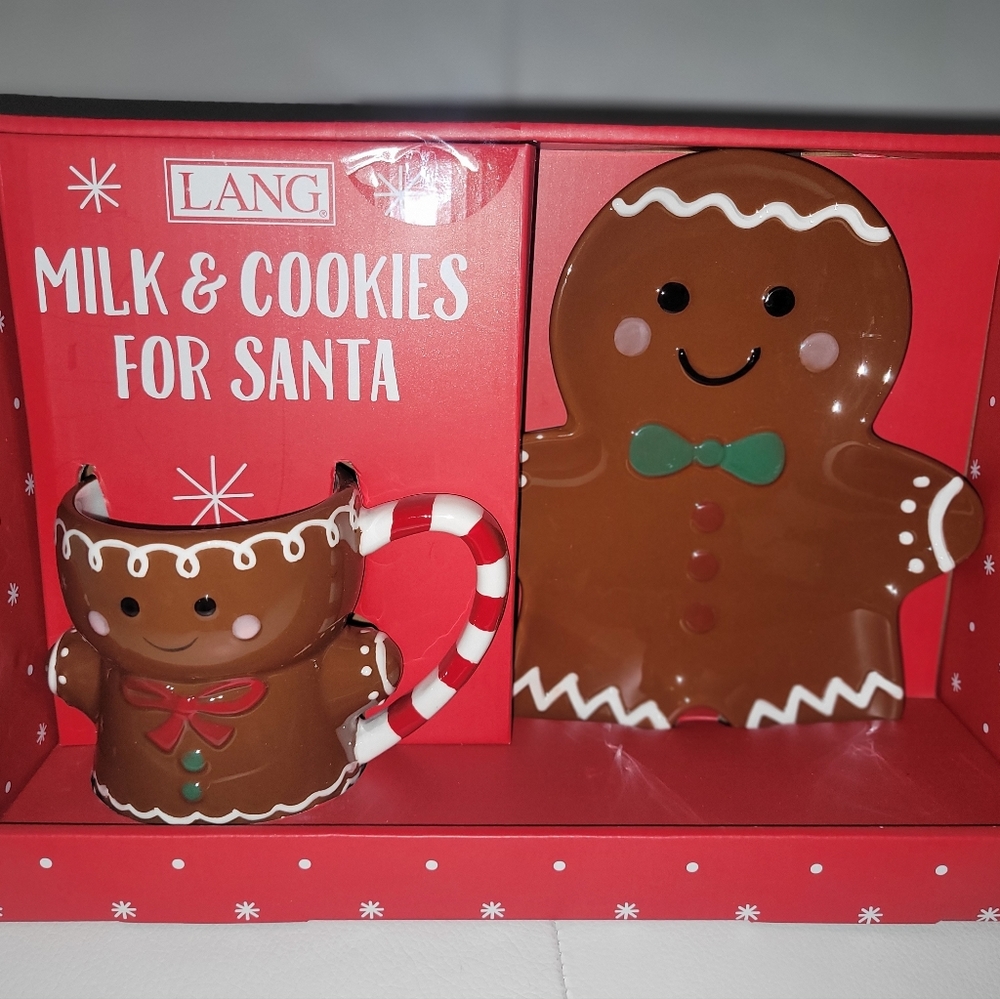 GINGERBREAD MUG WITH GINGERBREAD DISH .MILK AND COOKIES FOR SANTA SET.